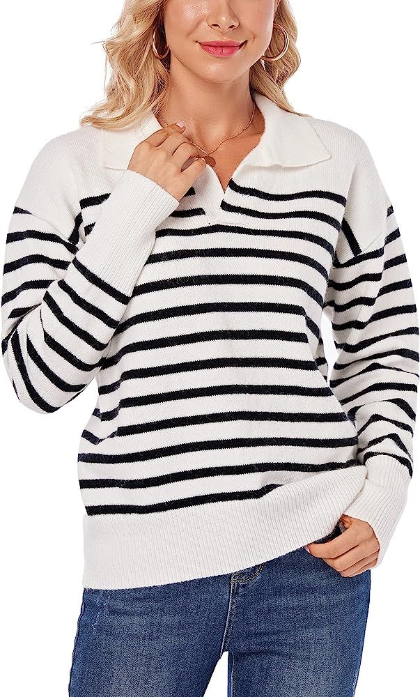 Anienaya Women's Long Sleeve Striped Color Block V Neck Knitted Polo Pullover Sweater Jumper Tops | Amazon (US)