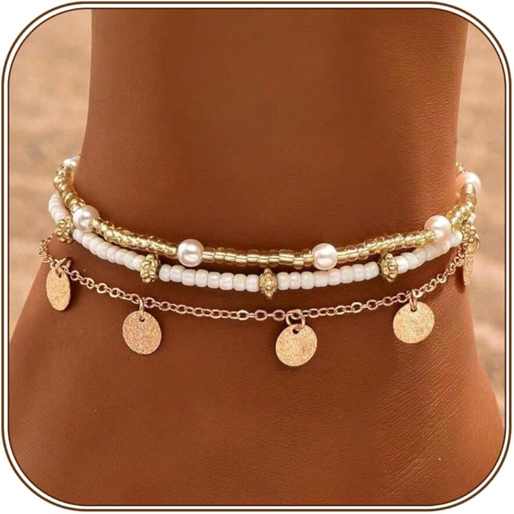 Qceasiy Shell Ankle Bracelet Set for Women, Gold Plated Boho Bead Adjustable Anklet, Hawaiian Bea... | Amazon (US)