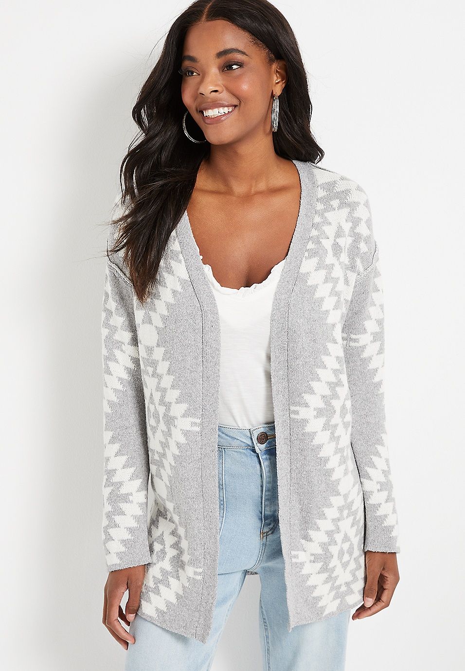 Gray Geo Open Front Cardigan | Maurices