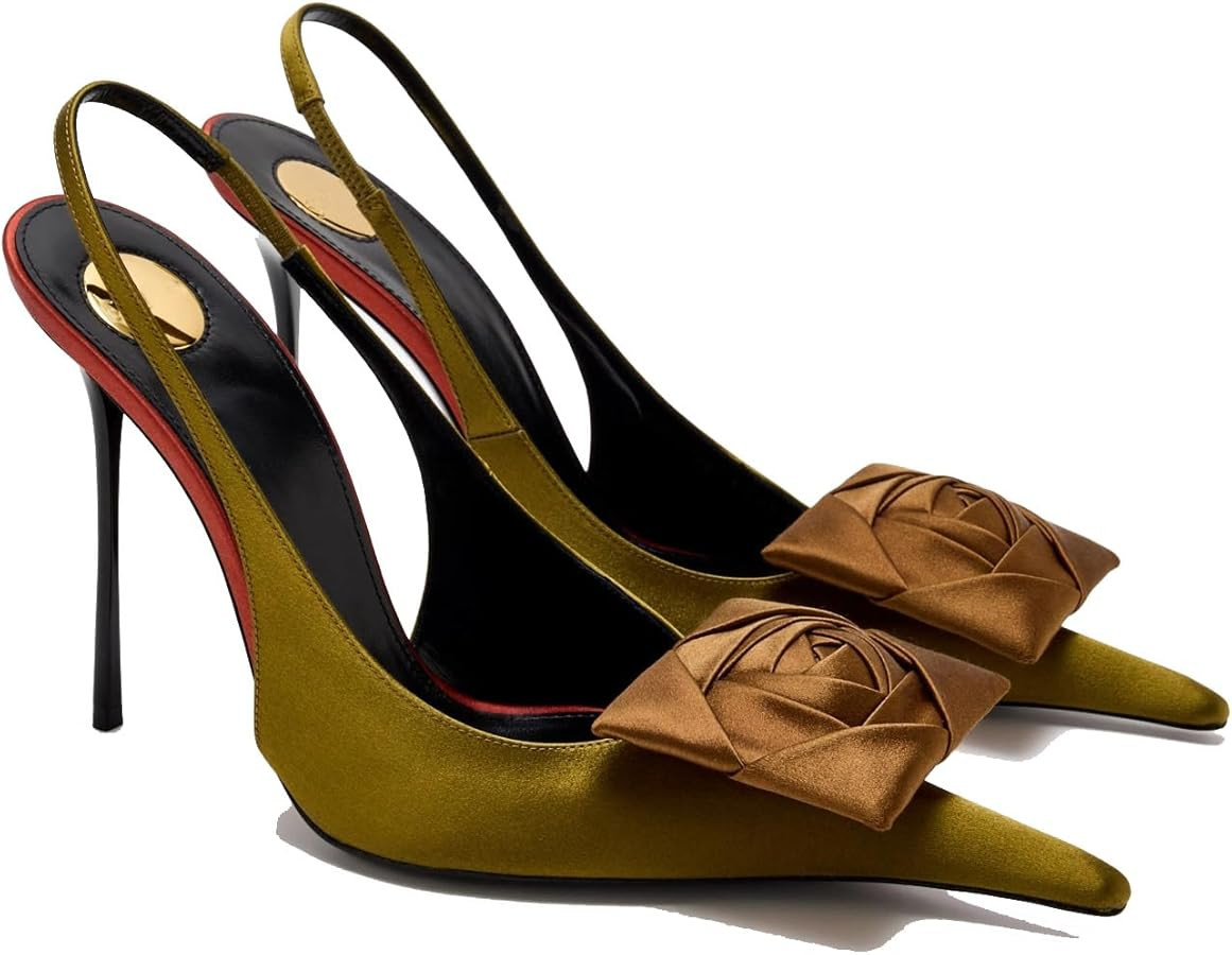 THESHY Women's Slingback High Heels Floral Appliqués Pointed Toe Slip On Satin Stiletto Pumps Fa... | Amazon (US)