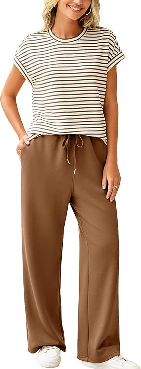 Glamaker Women's 2 Piece Sets Striped Summer Outfits Short Sleeve Shirts Wide Leg Pants Casual Lo... | Amazon (US)