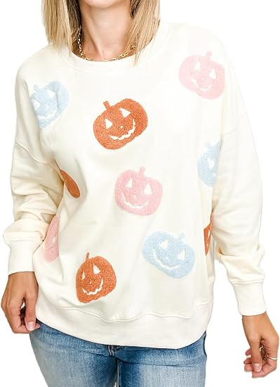 Women Halloween Crewneck Sweatshirts Cute Graphic Long Sleeve Sweater Shirt | Amazon (US)