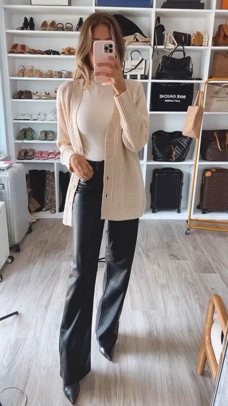 Loving this comfortable and stylish outfit. These leather pants are so chic, perfect for this season
I am wearing a size small for bodysuit and cardigan and size 2 long for leather pants 
I am 5’9” for your reference 

#LTKover40 #LTKstyletip #LTKshoecrush