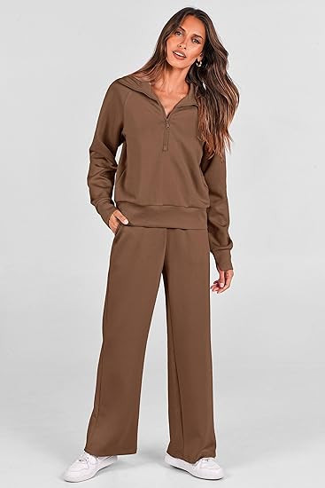 PRETTYGARDEN Women's 2 Piece Outfits Casual Lapel Half Zip Sweatshirts And Wide Leg Pants Tracksu... | Amazon (US)