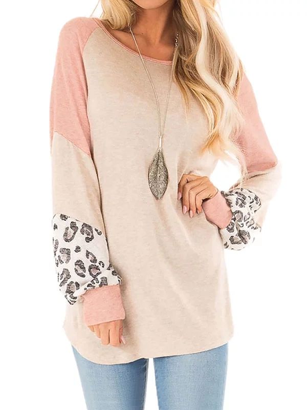 Women Leopard Print Colorblock Long Sleeve Round Neck Casual Blouse | Walmart (US)