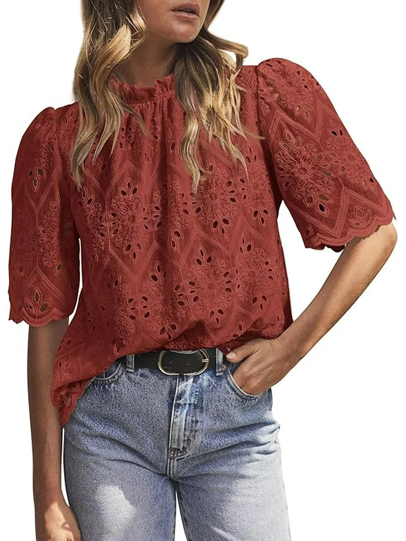 PRETTYGARDEN Summer Tops for Women Trendy Short Sleeve Eyelet Embroidered Dressy Casual Blouse Sh... | Walmart (US)