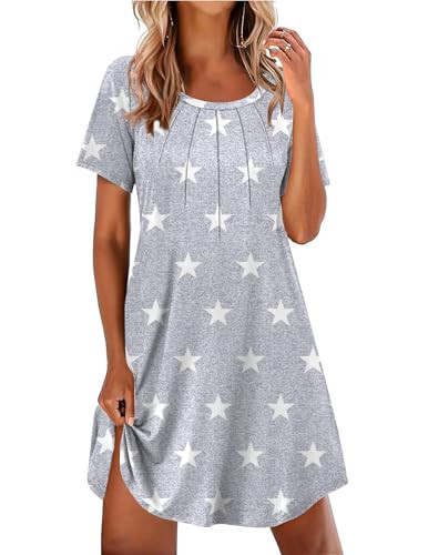 Ekouaer Nightgowns for Women Pleated Nightshirts Short Sleeve Sleepshirts Crew Neck Sleepwear Soft Night Gown Sleepdress Light Grey White Star Medium | Amazon (US)