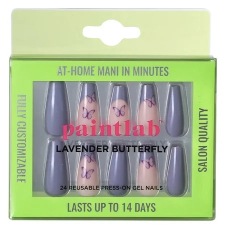 PaintLab Reusable Gel Press on Nails Kit, Coffin Shape, Purple Lavender Butterfly, 30 Count | Walmart (US)
