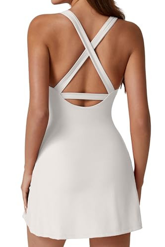 QINSEN Sleeveless Athletic Dress for Women High Waist Side Slit Tennis Dress Built in Shorts Off White L | Amazon (US)