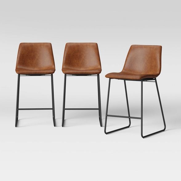 3pk Bowden Faux Leather and Metal Counter Height Barstool Caramel - Project 62™ | Target