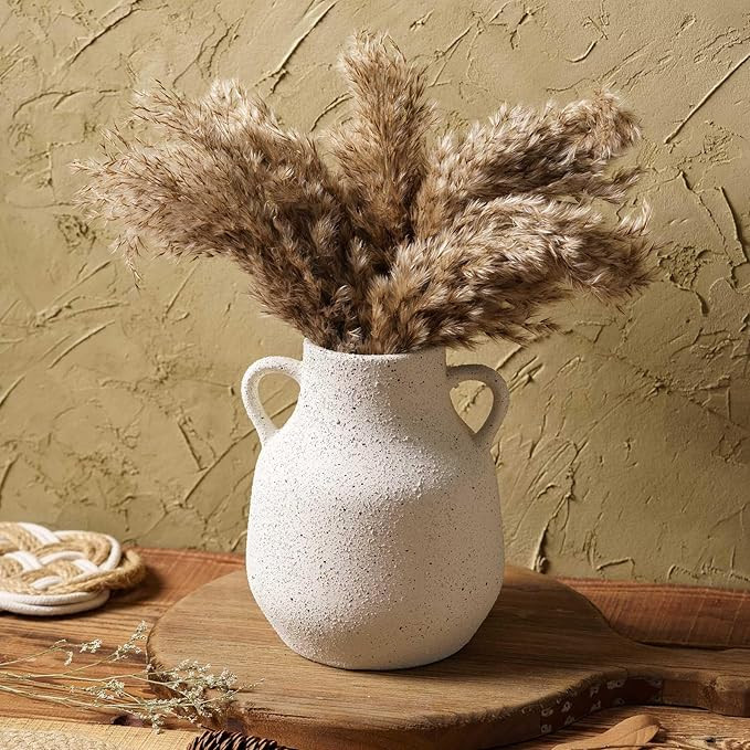 Vintage Farmhouse Flower Round Ceramic Vase with 2 Handles, Rustic Pampas Grass Vase, White Moder... | Amazon (US)