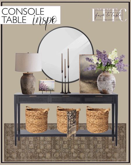 Console Table Inspo. Follow @farmtotablecreations on Instagram for more inspiration.

East Bluff Woven Drawer Console Table - Threshold designed with Studio McGee. Mona - MOA-03 Area Rug by Magnolia Home by Joanna Gaines x Loloi. Best Choice Products 36in Framed Round Wall Mirror. Moody Dark Tone Abstract Canvas Printed Sign. Artisan Handcrafted Terracotta Vases. Tripar Modern Tripod Easel Display. Arhaus Thornton Table Lamp. Iron Taper Candle Holder. Purple Artificial Lilac Flower Branch - 34.5. Console Decor. Spring Console. Floral Spring Print Lilac Landscape Printable Foggy Coastal Artwork Purple Flowers
Fake Lilacs Flower in Cream - 25". Build A Sign. Vintage Rustic Marble Bowl. 

#LTKfindsunder50 #LTKhome #LTKsalealert