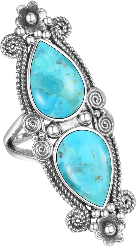 Women's Turquoise/Black Onyx/Mother of Pearl Ring 925 Sterling Silver Vintage Flower Ring Pear Sh... | Amazon (US)