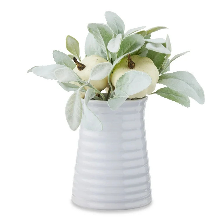 Harvest 12"H Multi-Colored Lamb's Ear & Pumpkin Arrangement in a Ceramic Vase Decoration, Way to ... | Walmart (US)