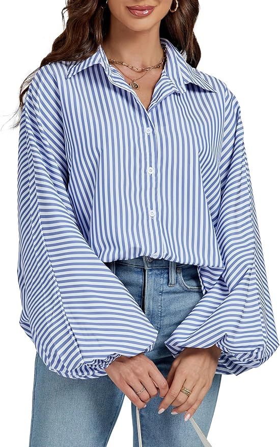 Women's Striped Print Bishop Long Sleeve Collar V Neck Button Down Blouse Shirt Top | Amazon (US)