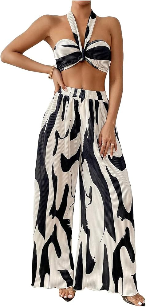 OYOANGLE Women's 2 Piece Outfits Graphic Print Knitted Crop Halter Top and Wide Leg Pants Set | Amazon (US)