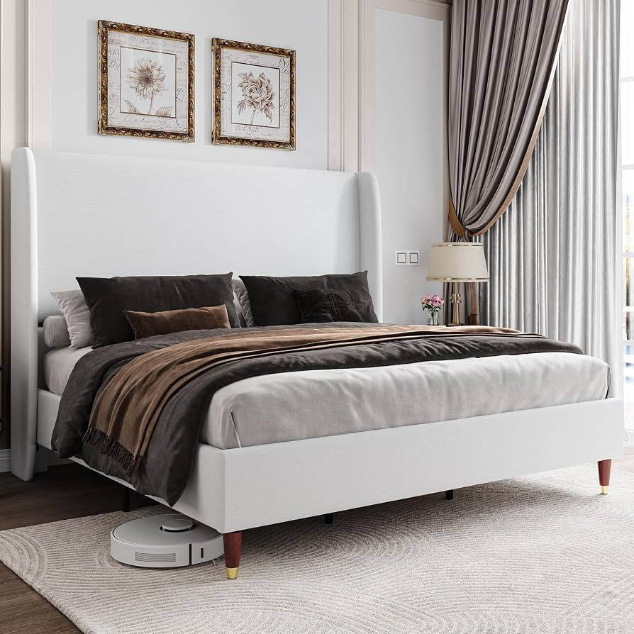 Jocisland King Upholstered Platform Bed Frame with 51.2" Tall Wingback Headboard–Solid Wood Leg... | Amazon (US)