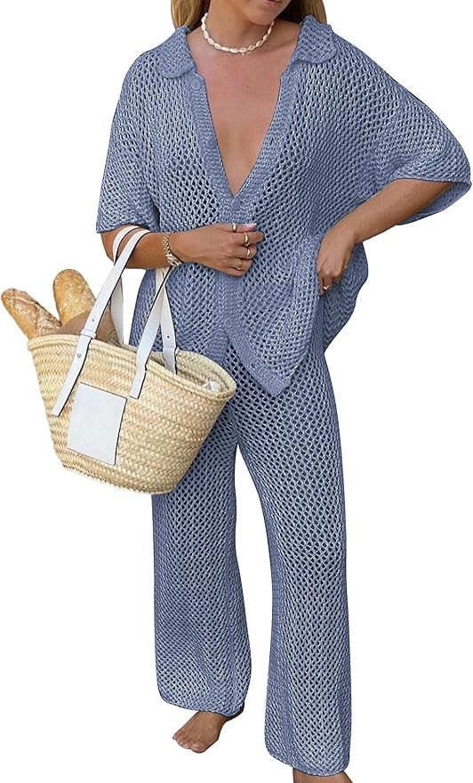 Famulily Womens Sexy Hollow Out Swimsuit Cover Up Sets Button Up Tops and Drawstring Pants 2 Piec... | Amazon (US)