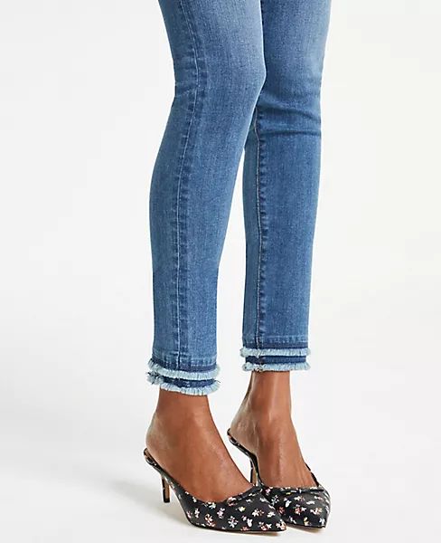 Frayed Performance Skinny Ankle Jeans in Bright Mid Indigo Wash | Ann Taylor (US)