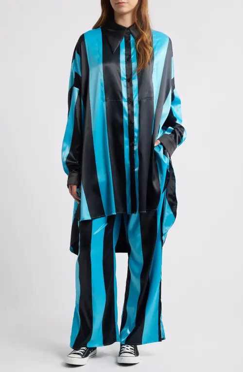 Dressed in Lala Posh Stripe Oversize Satin Button-Up Shirt & Pants Set in Blue/Black at Nordstrom, Size Xx-Large | Nordstrom