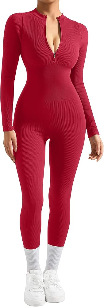 SUUKSESS Women Long Sleeve Ribbed Jumpsuit Zip up Front Workout Bodycon Romper | Amazon (US)