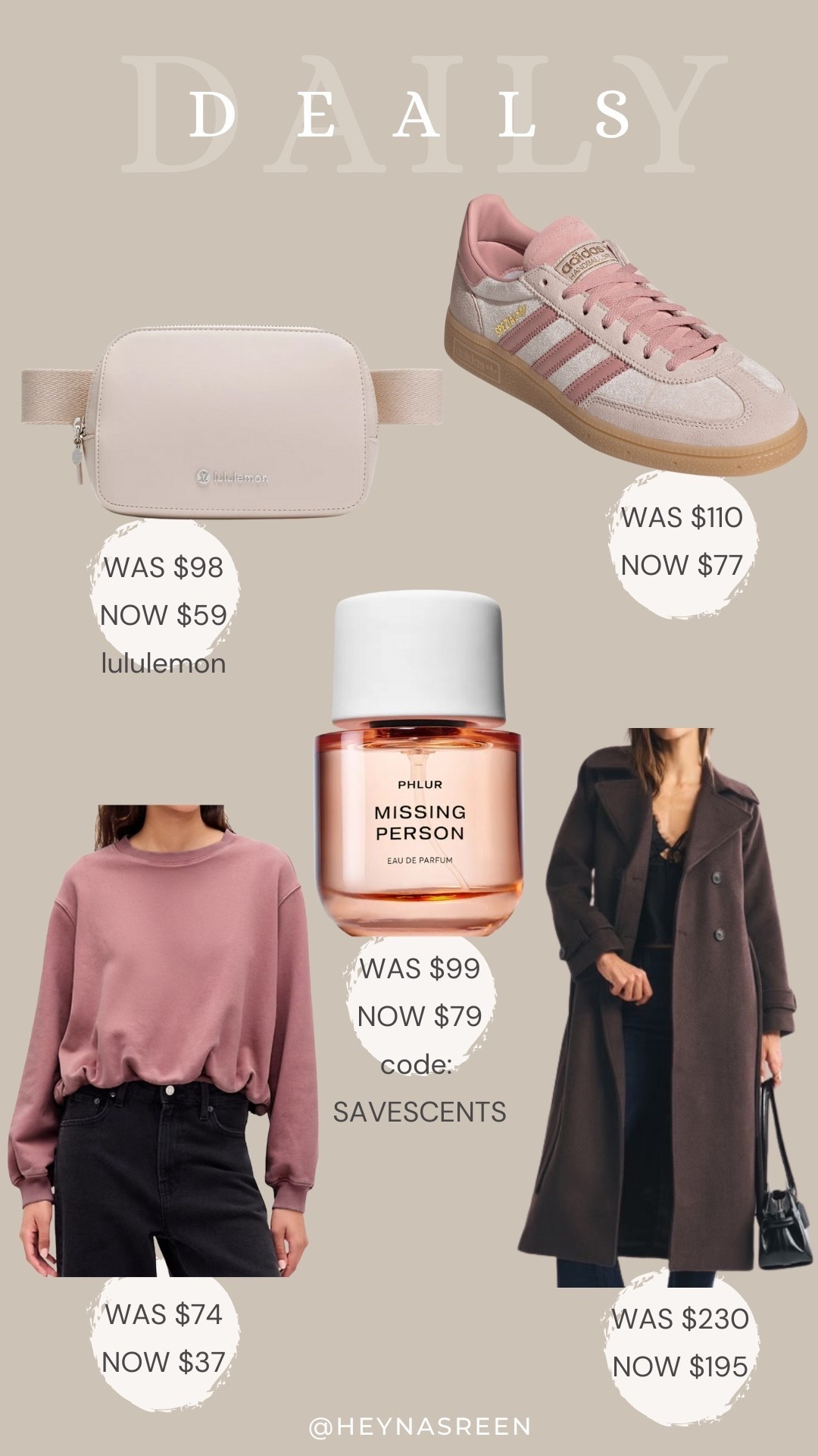 Daily deals on lululemon belt bag, Adidas sneakers, Abercrombie coat, PHLUR perfume, Gap sweatshirt 