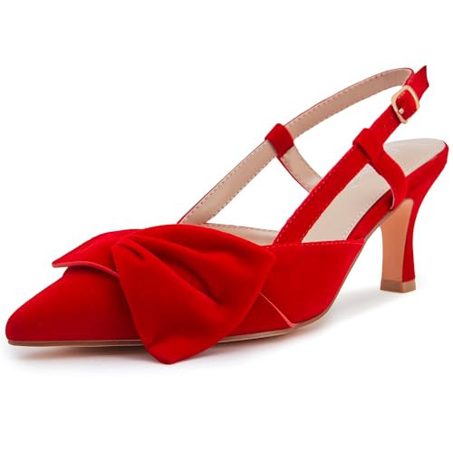 Kitten Heels for Women Slingback Pumps with Bow Suede Closed Pointed Toe Dress Shoes Wedding Party Prom Red Size 7.5 | Amazon (US)