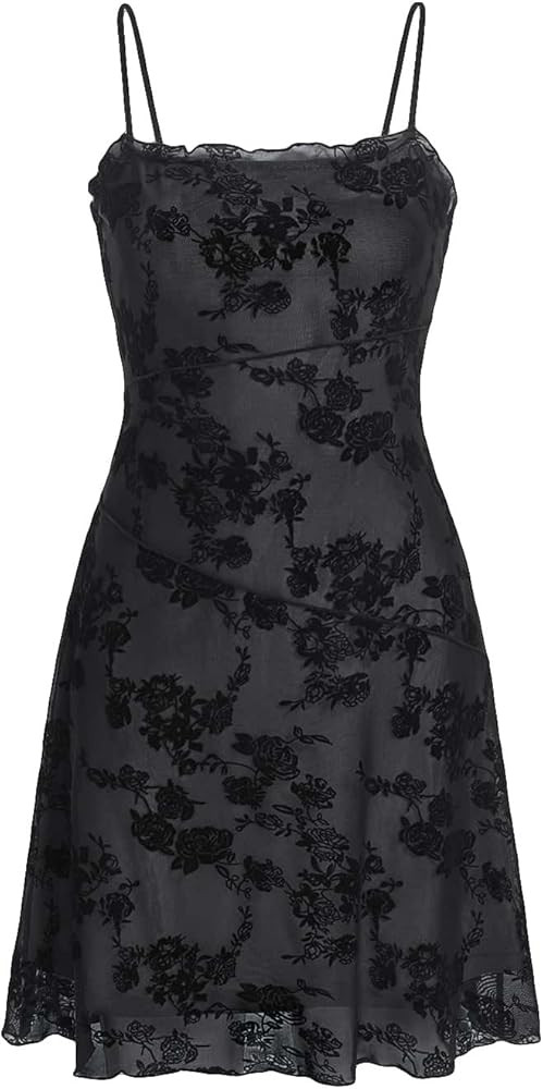 Verdusa Women's Lettuce Trim Floral Print Mesh Sleeveless A Line Short Cami Dress | Amazon (US)