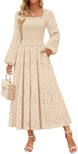 ZESICA Women's Fall Long Sleeve Maxi Dresses 2026 Square Neck Hollow Out Eyelet Smocked A Line Co... | Amazon (US)