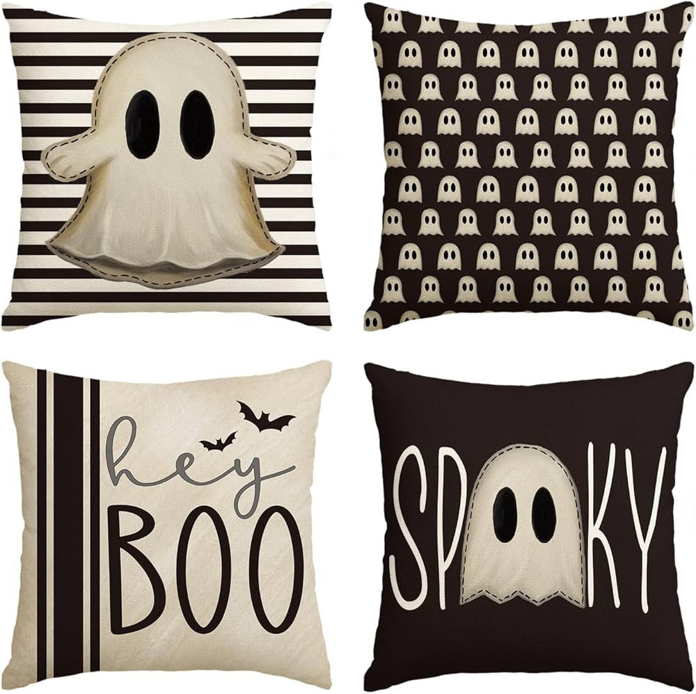 AVOIN colorlife Halloween Hey Boo Cute Ghost Spooky Throw Pillow Covers, 18 x 18 Inch Horror Scary Cushion Case for Sofa Couch Set of 4, Black | Amazon (US)