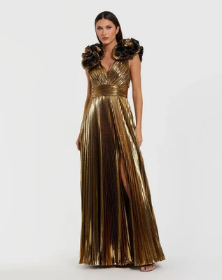 Gold Metallic Pleated Gown with Ruffle Shoulder Detail | Mac Duggal