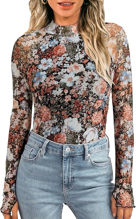 LILLUSORY Lace Long Sleeve Floral Mesh Mockneck Going Out Tops for Women Spring Fashion 2025 | Amazon (US)