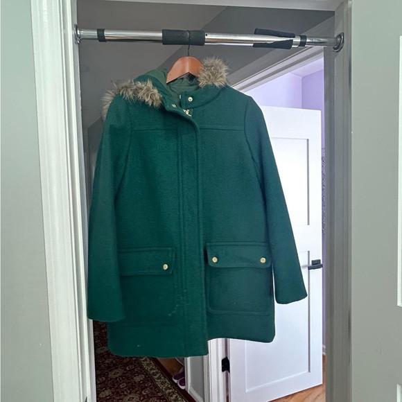 Women's Green jcrew factory  Hooded Coat with Faux Fur Trim xs | Poshmark
