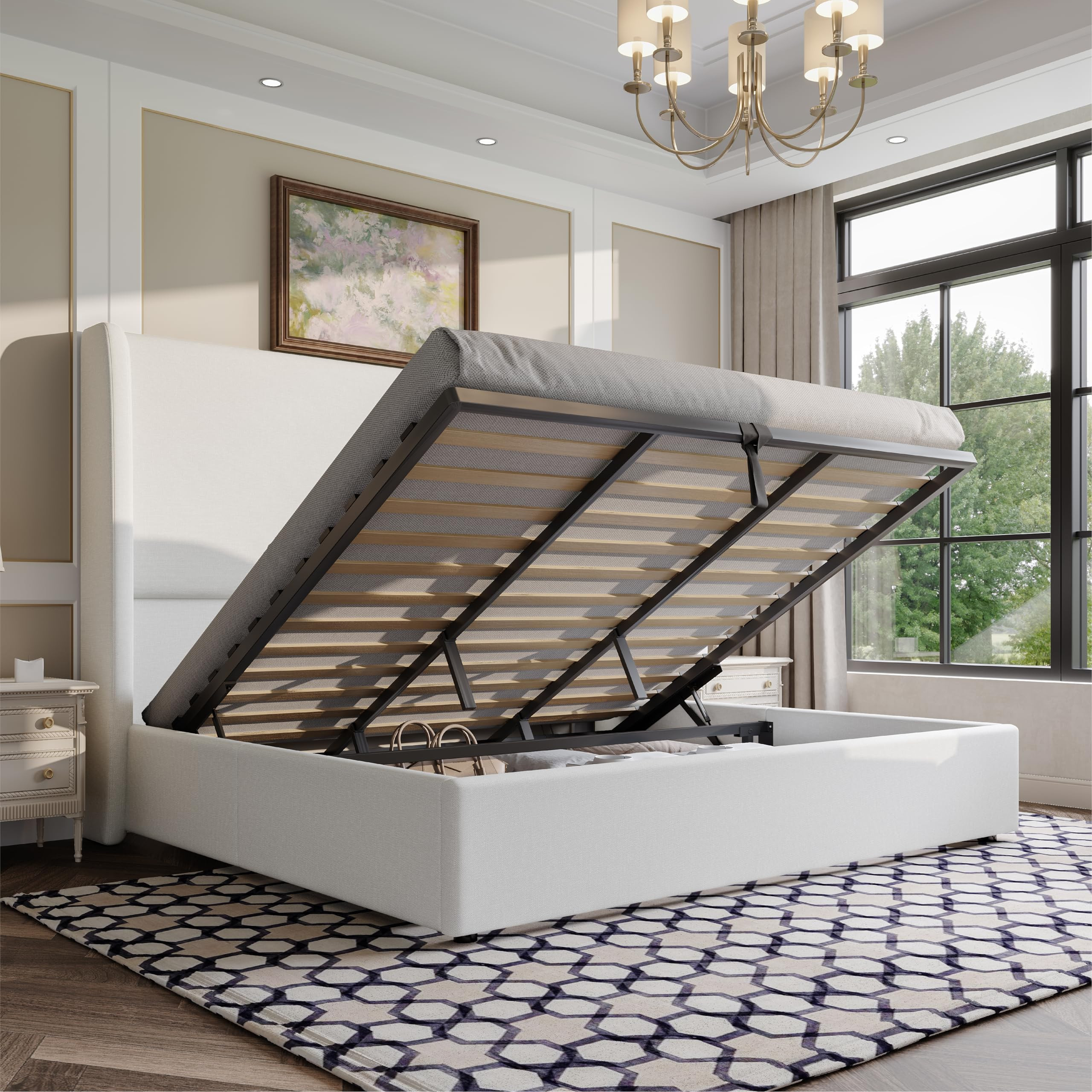 AMERLIFE Lift Up Storage Bed King Size Linen Upholstered Platform Bed Frame, Hydraulic Storage,Mo... | Amazon (US)