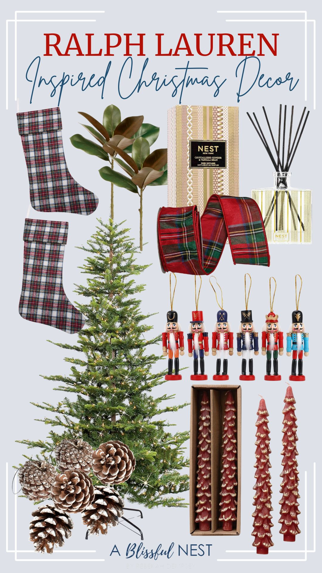 Add a touch of luxury to your holiday decorating. Get yours now.
Christmas pine cones, grand magnolia pick, reed diffuser, pre-lit Christmas tree, plaid Christmas stocking, plaid wired edge ribbon, nutcracker Christmas tree decor, unscented tree-shaped taper candles 

 #LTKHoliday #LTKSeasonal #LTKHome