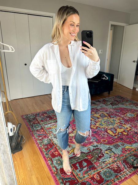 Spring outfit idea / this oversized linen shirt and my favorite mom jeans are both on sale right now! This cropped top and clear sandals are both amazon fashion finds! / 

#LTKunder50 #LTKSale #LTKsalealert