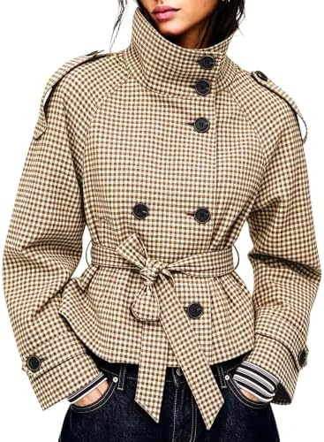 Women's Gingham Trench Coat Double Breasted Short Jacket | Amazon (US)