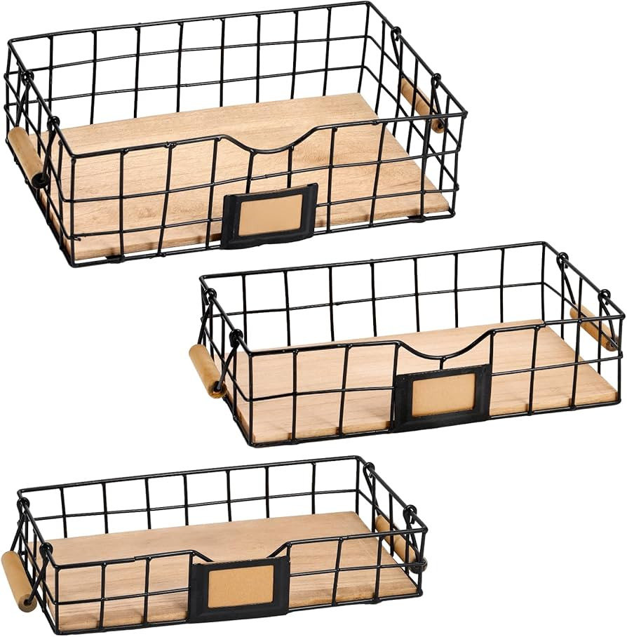 Wire Storage Baskets with Wooden Handles 3 Pack Black Wire Baskets for Organizing Rustic Metal Ba... | Amazon (US)