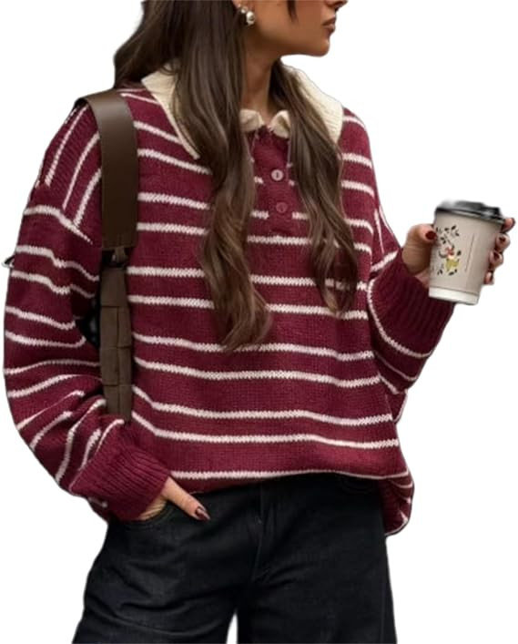 Women Y2k Striped Rugby Polo Shirt Knit Vinatge Tops Long Sleeve Button Collared Neck Preppy Pull... | Amazon (US)