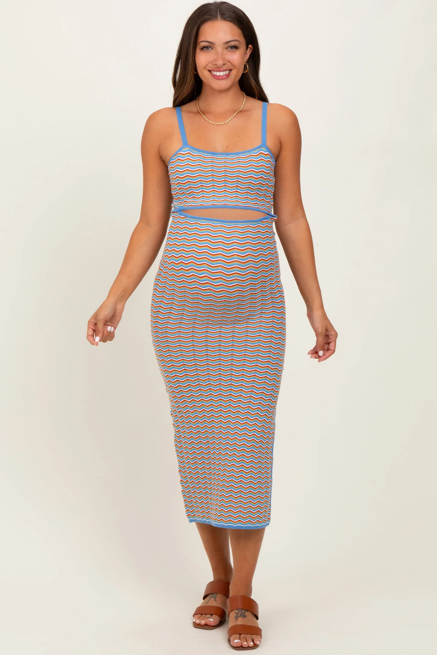 Aqua Chevron Knit Cutout Fitted Maternity Midi Dress | PinkBlush Maternity