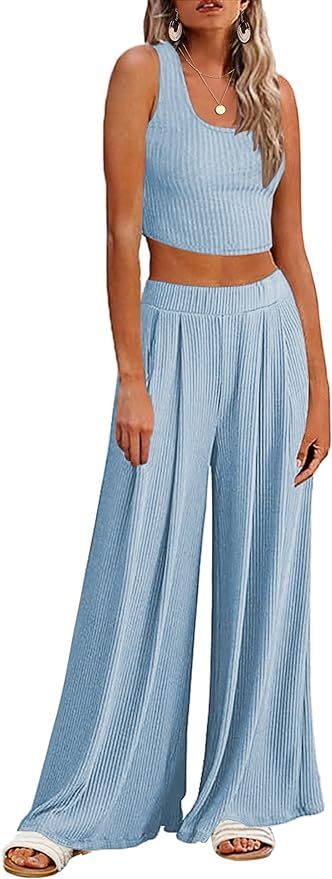 Ekouaer Women's 2 Piece Lounge Sets Ribbed Knit Crop Top Wide Leg Pants with Pockets S-XXL | Amazon (US)