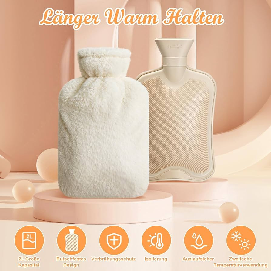 Hot Water Bottle with Soft Fluffy Cover, 1.8 L Hot Water Bag for Relief of Pain, Back, Neck and R... | Amazon (DE)