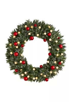 Nearly Natural 4 Foot Oversized Pre-Lit Frosted Holiday Christmas Wreath with Ornaments and 40 LED Globe Lights, Green | Belk
