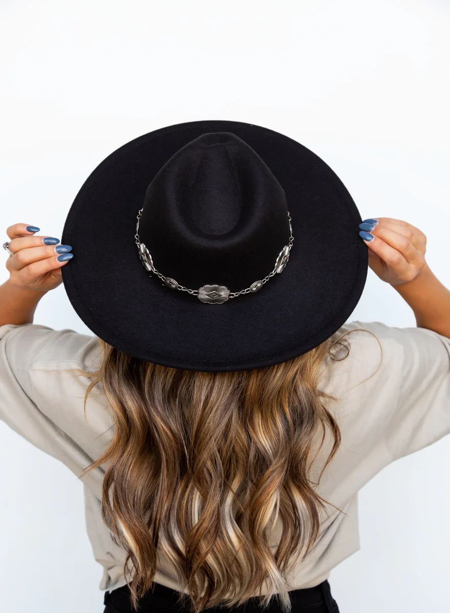 Old Frontier Silver Chain Black Wide Brim Hat | Apricot Lane Boutique