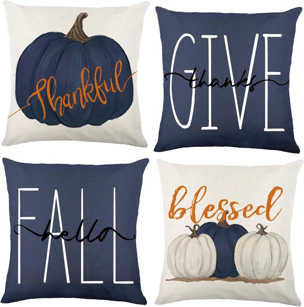 Fall Pillow Covers 18 x 18 Inch Blue Pumpkins Throw Pillow Covers for Farmhouse Autumn Cushion Co... | Amazon (US)