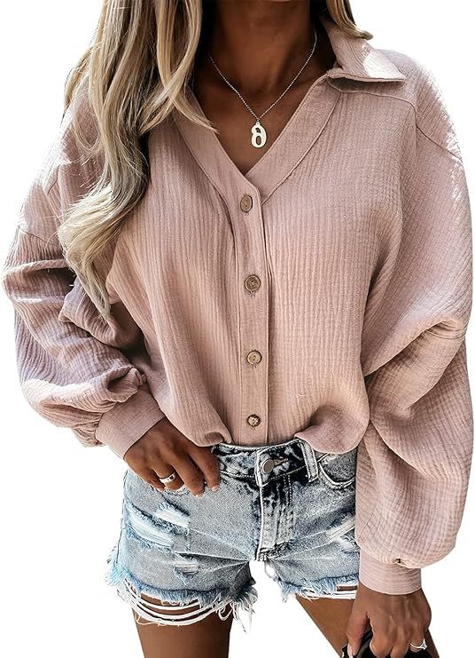 TEMOFON Womens Long Sleeve Tunic Blouse Button Down Shirt Solid Color Casual V Neck Loose Fit Top... | Amazon (US)