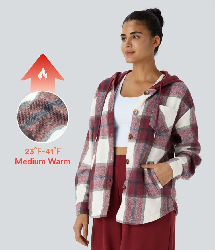 Damen Casual karierte Fleecejacke mit Kapuze, Kordelzug, Knöpfen und Taschen - Halara | Halara - DE