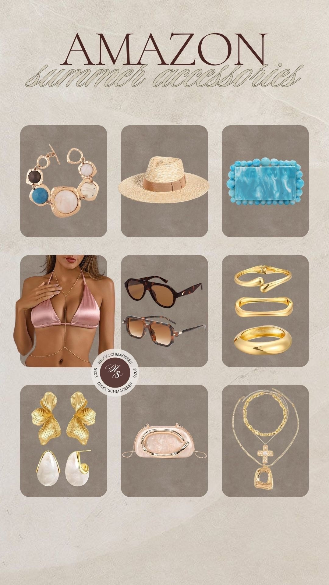 Amazon summer accessories
Summer hat 
Summer clutch 
Jewelry 


#LTKSeasonal #LTKMothersDay #LTKootd