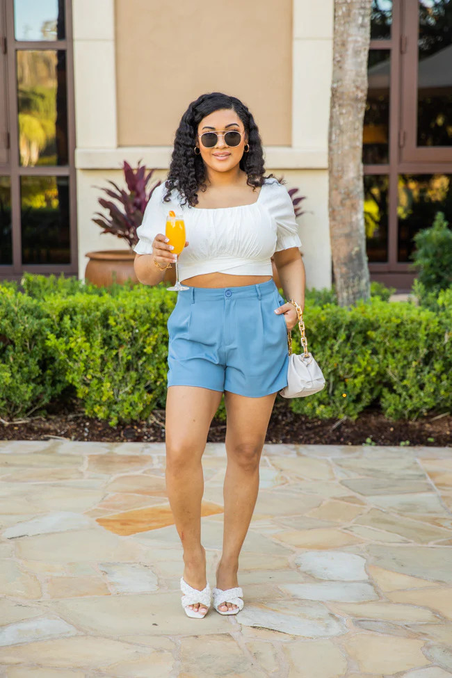 In Disbelief Blue Tailored Shorts | Pink Lily