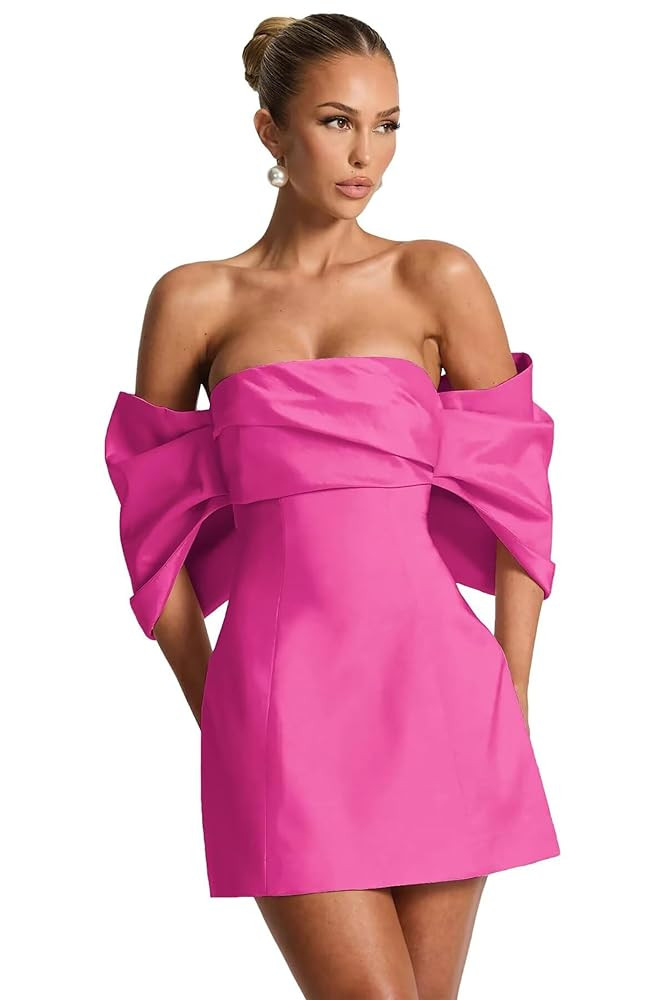 Satin Homecoming Dresses for Teens Off The Shoulder Short Prom Cocktail Party Gowns with Bow HRW3... | Amazon (US)